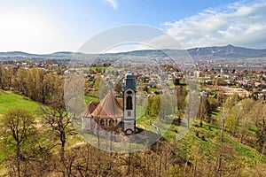 Old church Our Lady U Obrazku in Liberec city in spring day