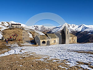 Old church in San Lucio Pass between Italian and Switzerland alps photo