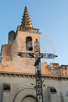 Old church tower with bell in small Provence village