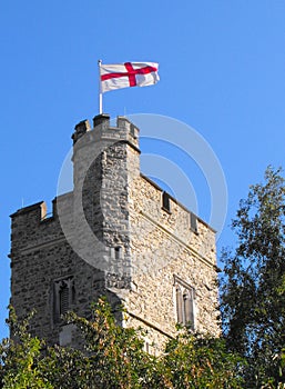 Old Church Tower Flying the Saint George Flag