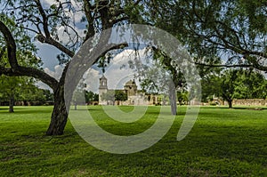 Old church and trees at Mission San Jose in San Antonio, Texas