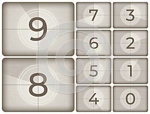 Old cinema countdown. Vintage film intro counting, movie projector count down and retro timer frames isolated vector photo