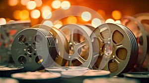 Old cinema film reels with bokeh background. Generative AI.