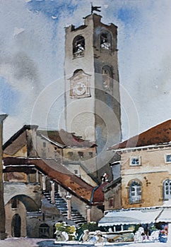 Old city alta citta downtown of Bergamo, Italy, famouse bell tower