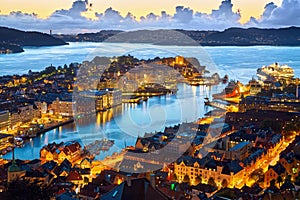 Old city Bergen at sunset