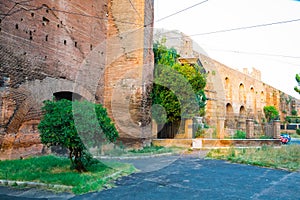 Old city brick wall in Rome