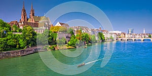 Old city center of Basel with Munster cathedral and the Rhine river, Switzerland