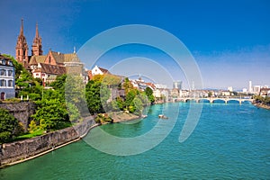 Old city center of Basel with Munster cathedral and the Rhine river, Switzerland, Europe.