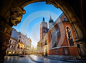 Old city center view with St. Mary`s Basilica in Krakow, Poland.