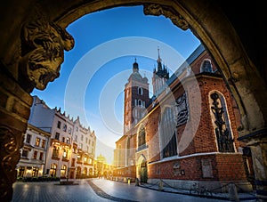 Old city center view with St. Mary`s Basilica in Krakow, Poland.