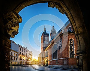 Old city center view with St. Mary`s Basilica in Krakow, Poland.