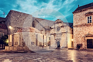 Old City of Dubrovnik. Historical town square with big Onofrio fountain, Croatia