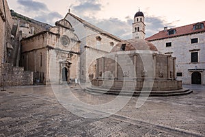 Old City of Dubrovnik. Historical town square with big Onofrio fountain, sunrise cityscape, Croatia