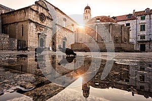 Old City of Dubrovnik. Historical town square with big Onofrio fountain, sunrise cityscape, Croatia