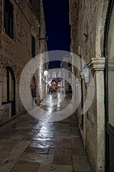 Old City of Dubrovnik. Narrow street of medieval town at night, Dalmatia Croatia