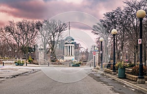 The old City Hall clock tower in Victoria Park, Kitchener, Ontario, Canada