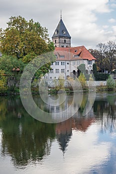 The old city Hamelin on a river, Germany