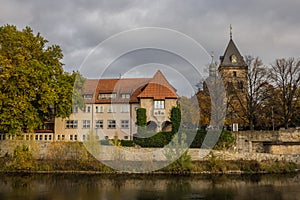 The old city Hamelin on a river, Germany