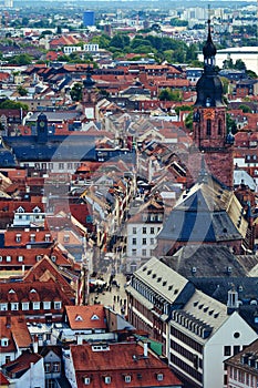 The Old City of Heidelberg with the pedestrian area and the Church of the Holy Spirit. Germany