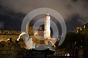 Old City of Jerusalem, Israel, Tower of David and ancient wall at night