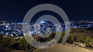 Old City of Jerusalem night timelapse hyperlapse. Muslim Quarter, West Bank. Top view