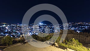 Old City of Jerusalem night timelapse hyperlapse. Muslim Quarter, West Bank. Top view