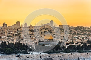 Old city of Jerusalem on the temple mount under beautiful sunset in the evening with golden dome of the rock, sunset view from the