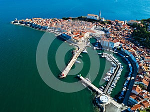 Old city Piran in Slovenia, aerial morning view.