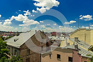 Old city poor street ghetto buildings urban landmark top view photography in clear weather day time with vivid blue sky