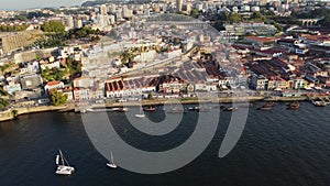 The Old City Of Porto In Portugal, Europe, 4K Aerial Skyline Drone View, Sunset. 20 august 2023