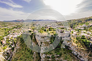 Old city. Sunny view of ruins of citadel in Stari Bar town near Bar city, Montenegro. Drone view Portrait of a