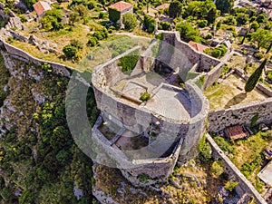 Old city. Sunny view of ruins of citadel in Stari Bar town near Bar city, Montenegro. Drone view Portrait of a