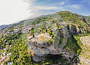 Old city. Sunny view of ruins of citadel in Stari Bar town near Bar city, Montenegro. Drone view Portrait of a