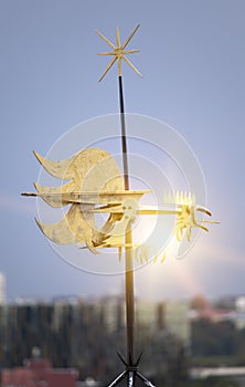 Old city, Tallinn, Estonia. A medieval weather vane rooster, bird over the city