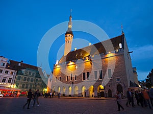 Old city, Tallinn, Estonia. Town hall square at night