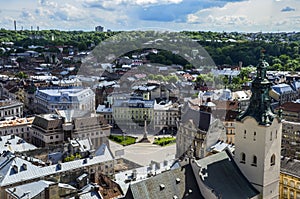 Top view panorama with houses roofs and Latin Cathedral seen from the town hall in Lviv, Ukraine