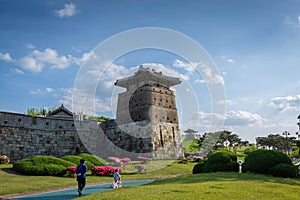 Old city wall at Hwaseong Fortress in summer, Traditional Architecture of Korea at Suwon, South Korea photo