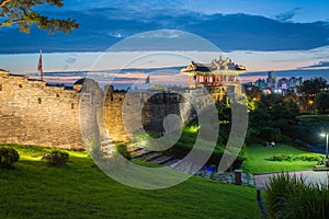 Old city wall at Hwaseong Fortress, Traditional Architecture of Korea at Suwon, South Korea