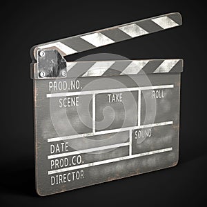 Old clapperboard on a dark background. 3d rendering