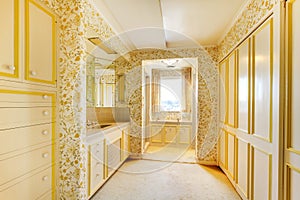 Old classic American house antique bathroom interior with wallpaper and carpet