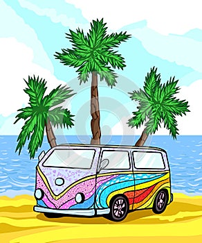 Old classic camper minivan on beach among palm trees and sand, near ocean