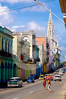 Old classic cars and colorful buildings in Havana