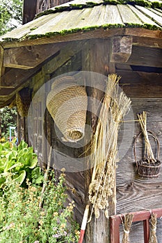 An old classic European wooden house complete with a yard, a classic country garden and a shed