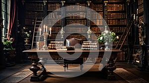 Old classic library with books on table