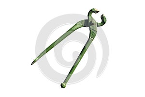 Old, classic metal pincers in green, isolated on a white background with a clipping path.