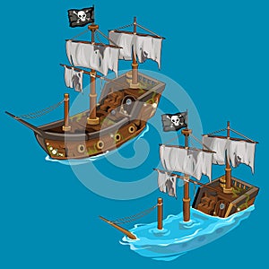 Old classic pirate ship on water and flooded