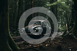 Old, classic retro car on dirt road in dark, deep, foggy, mystical forest