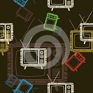 Old Classic Television Vector Illustration With Dark Background Seamless Pattern