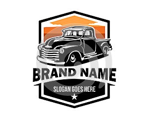 old classic truck logo isolated on white background showing from side.