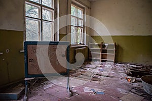 Old classroom in the kindergarten at the abandoned village Kopachi near Chernobyl
